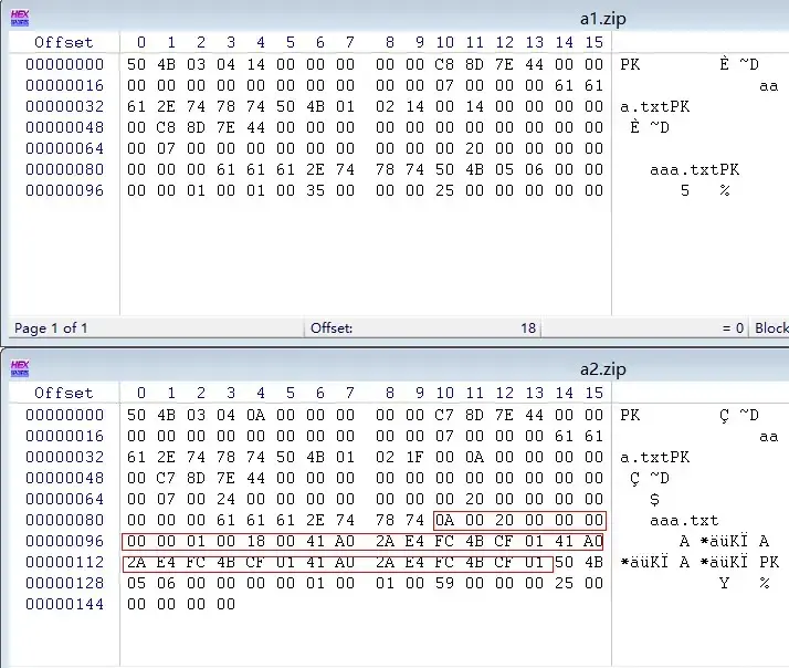 winrar压缩生成的zip文件和用windows生成的zip文件Hex对比